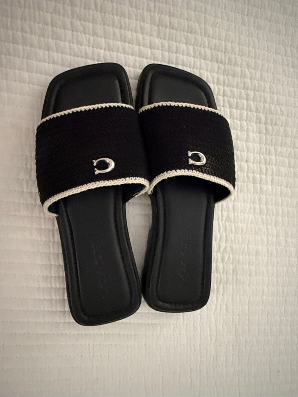 Coach Black Crochet Slide Sandals with Ivory Trim and Silver 'C' - Picture 4 of 6